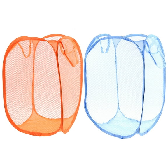 Unique Bargains 2pcs Orange Blue Foldable Meshy Clothes Storage Pop Up Laundry Basket Hamper