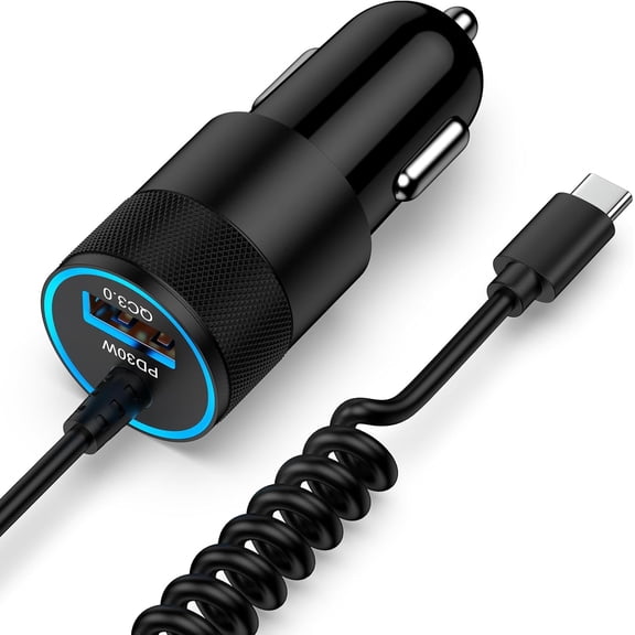 mistyhony 48W Fast USB C Car Charger with 2.8FT Coiled Cable, PD 30W QC3.0 Dual Port Car Charger Adapter for iPhone 17/16/15 Series, Samsung Galaxy, Google Pixel & All USB-C Devices