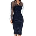 thumbnail image 6 of qolati Women's Glitter Sequin Bodycon Dresses 2023 Lace Warp V Neck Puff Sleeve Midi Dress Elegant Sparkly Cocktail Party Wedding Guest Dresses Holiday Outfits, 6 of 7
