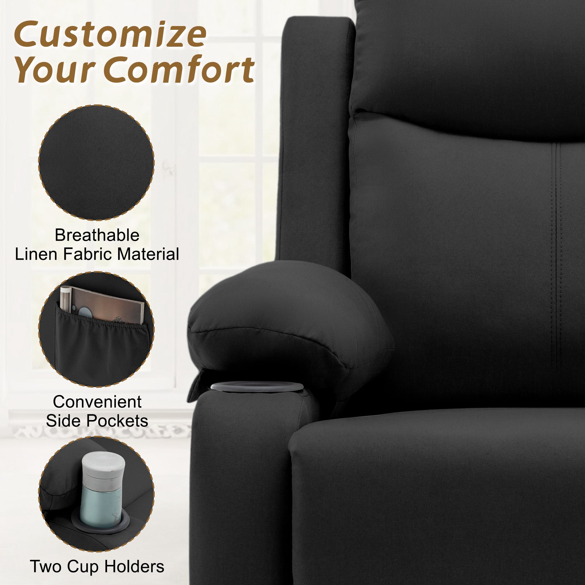 Korser Manual Small Recliner Chair with Fixed Base for Small Spaces Linen Fabric for Living Room,Black