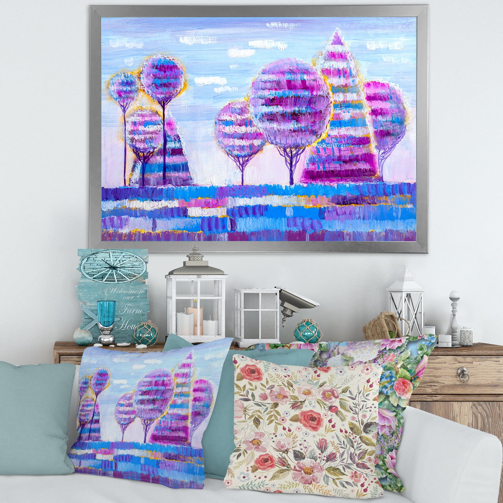 Designart 'Purple Coloured Tree Impression Landscape I' Modern Framed Art Print