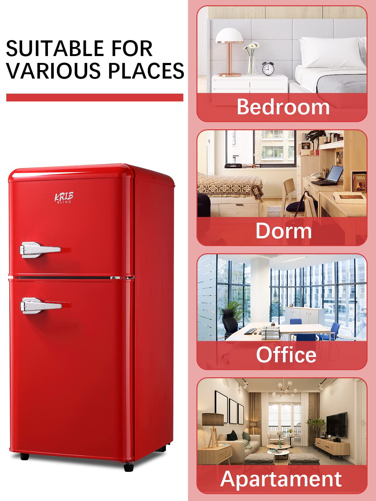 KRIB BLING 3.5 cu.ft Two Door Compact Refrigerator with Freezer, Mini Refrigerators, Apartment Size Fridges Refrigerators, Red