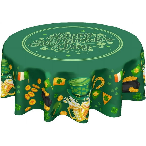 St Patricks Day Round Tablecloth 60 Inch Shamrock Gold Coin Tophat Beer Green St Patricks Decorative Table Cloth Polyester Table Cover for Kitchen Dining Room Party Home St. Patrick''s Day Decorations