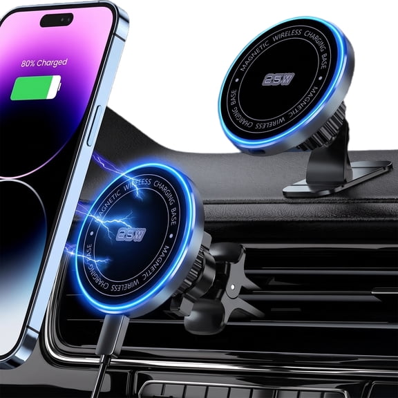 25W Magnetic Car Mount Charger for iPhone 18/17/16/15/14/13/12, 360°Adjustable Strong Magnetic Air Vent Mount Phone Cable Holder Mount