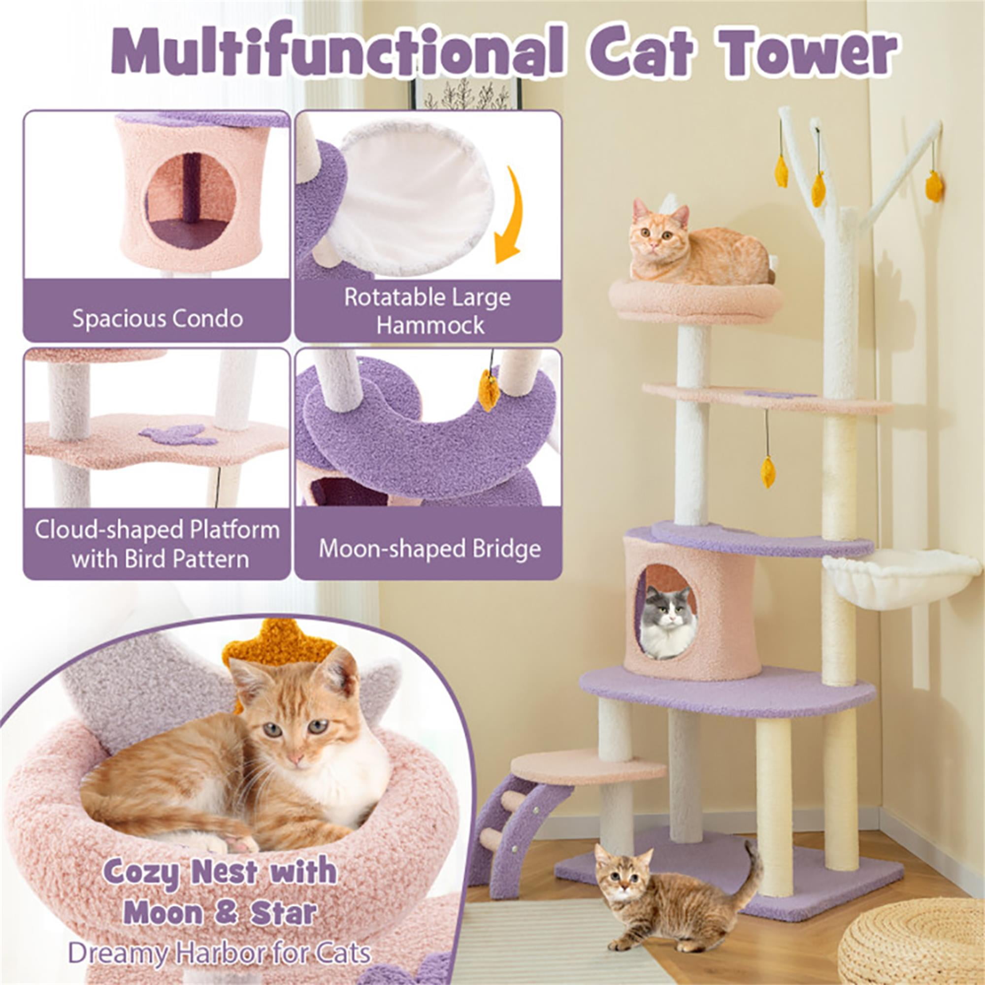 Kadyn 62" Cute Cat Tree Tower for Indoor Cats, Moon and Star Cat Condo with Sisal Scratching Posts, Plush Perches, Kitten Cat Tree Tower Activity Center, Purple
