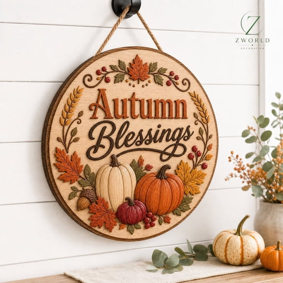 Autumn Blessings Door Sign - Fall Pumpkin Door Hanger, Rustic Thanksgiving Wooden Welcome Sign, Autumn Porch Decor, Farmhouse Wreath