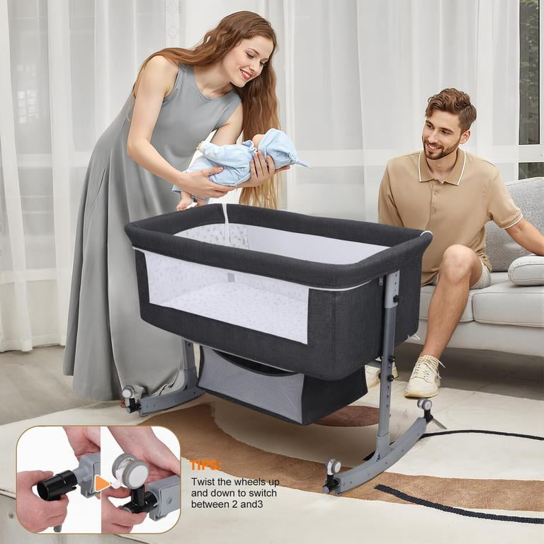 Dapmiu 4-in-1 Convertible Baby Crib, Bedside Sleeper with Changing Table, 6-Level Height Adjustable, Rocking Crib, Silent Wheels, Storage Basket, Mosquito Net, for Newborn to 24 Months,pink