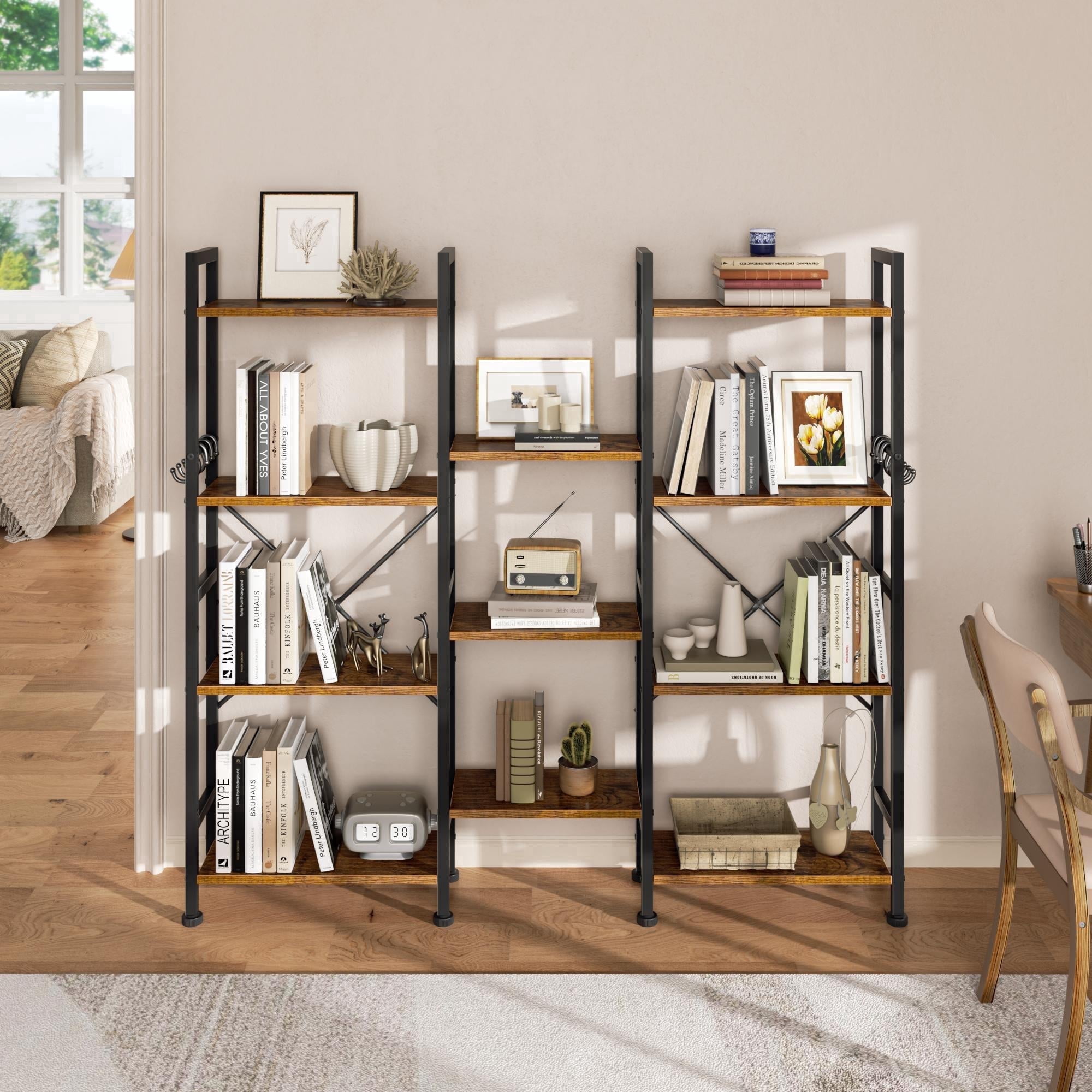 Satifur 57" Tall Bookcase, 4 Tier Large Bookcase with Waterproof Wood Shelves, Heavy Duty Metal Frame with X-Brace, Anti-Falling Design, Vintage Industrial Storage Rack