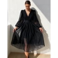 thumbnail image 3 of Women's Summer Elegant Puff Sleeve Solid Color Polka Dot Large Swing Dress Fashion Office Lady Casual Sexy V-Neck Evening Dress, 3 of 3