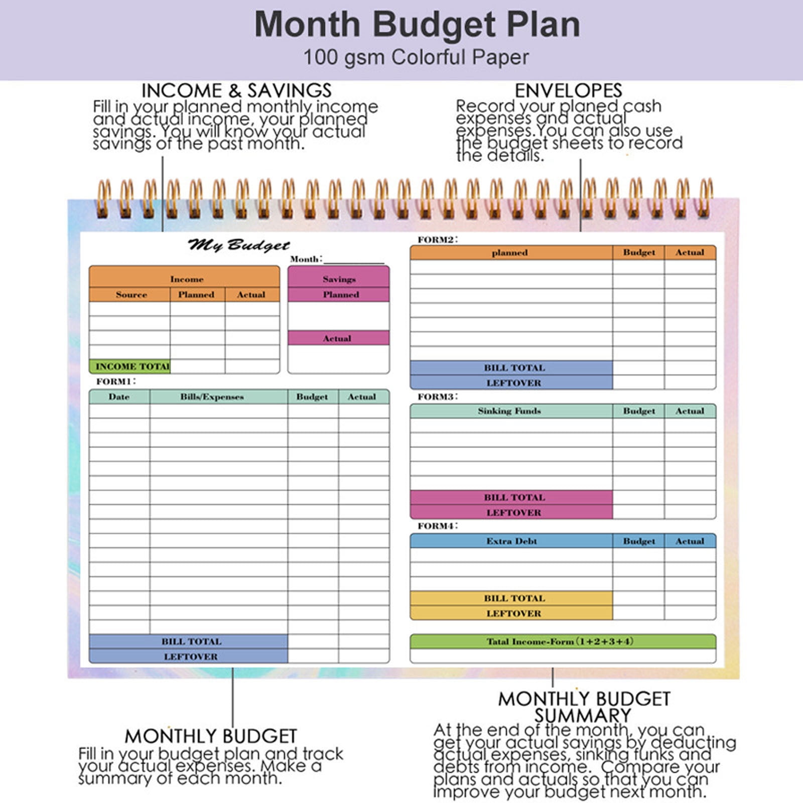 Budget Planner, Monthly Budget Book Bill Organizer, Undated Home Finance Money Expense Saving Debt Tracker Notebook, Spiral Design, 1 Year