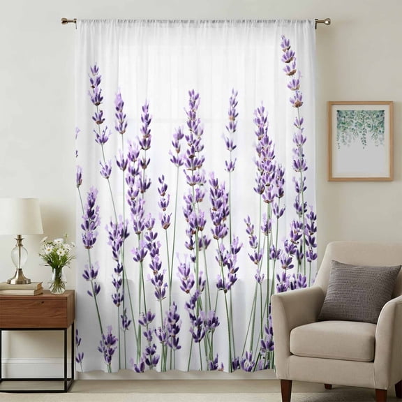 Purple Lavender Sheer Curtains 96 Inches Long, Spring Botanical Garden Florals Motifs Light Filering Curtains, Privacy Drapes Simi Floor to Veiling Curtain for Living Room Bedroom Window Treatment