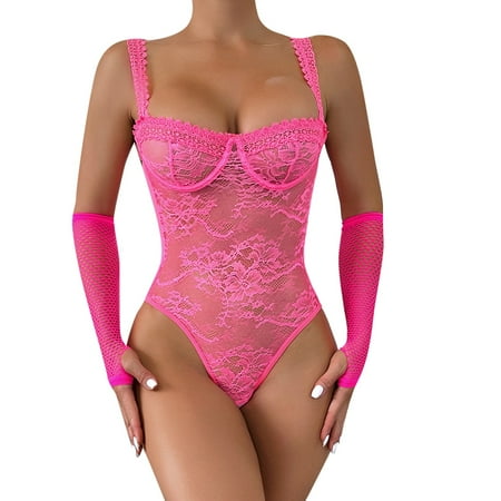 adviicd Corset Lingerie Women Cut Out Fishnet Mesh Teddy Bodysuit Sheer One Piece Lingerie Nightwear Hot Pink L