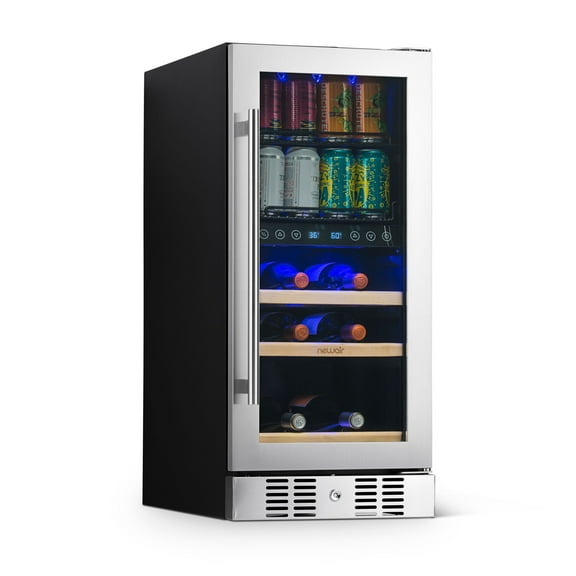 Newair 15” Dual Zone Beverage Cooler with Removable Beech Wood Shelves, Stainless Steel