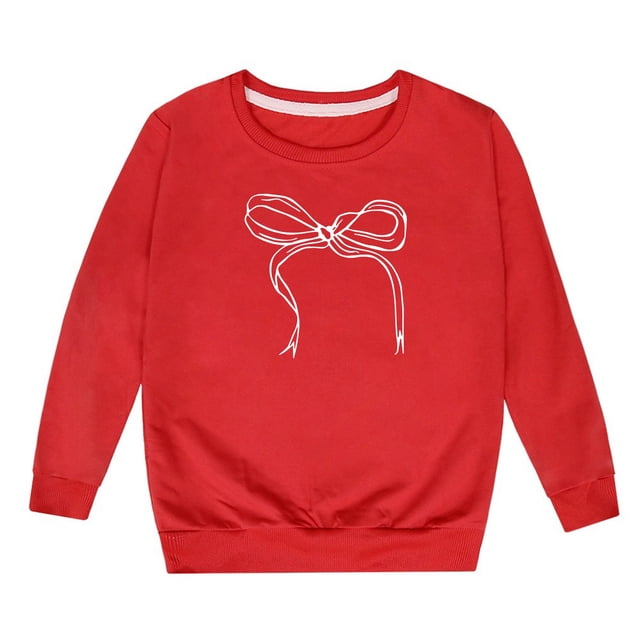 MEZZALL Sweat à Capuche à Manches Longues pour Filles avec Nœud Col Rond Hauts Chandails en Molleton Chandail Coupe Décontractée pour Tout-Petits Usage Quotidien, Rouge, 13-14 Ans