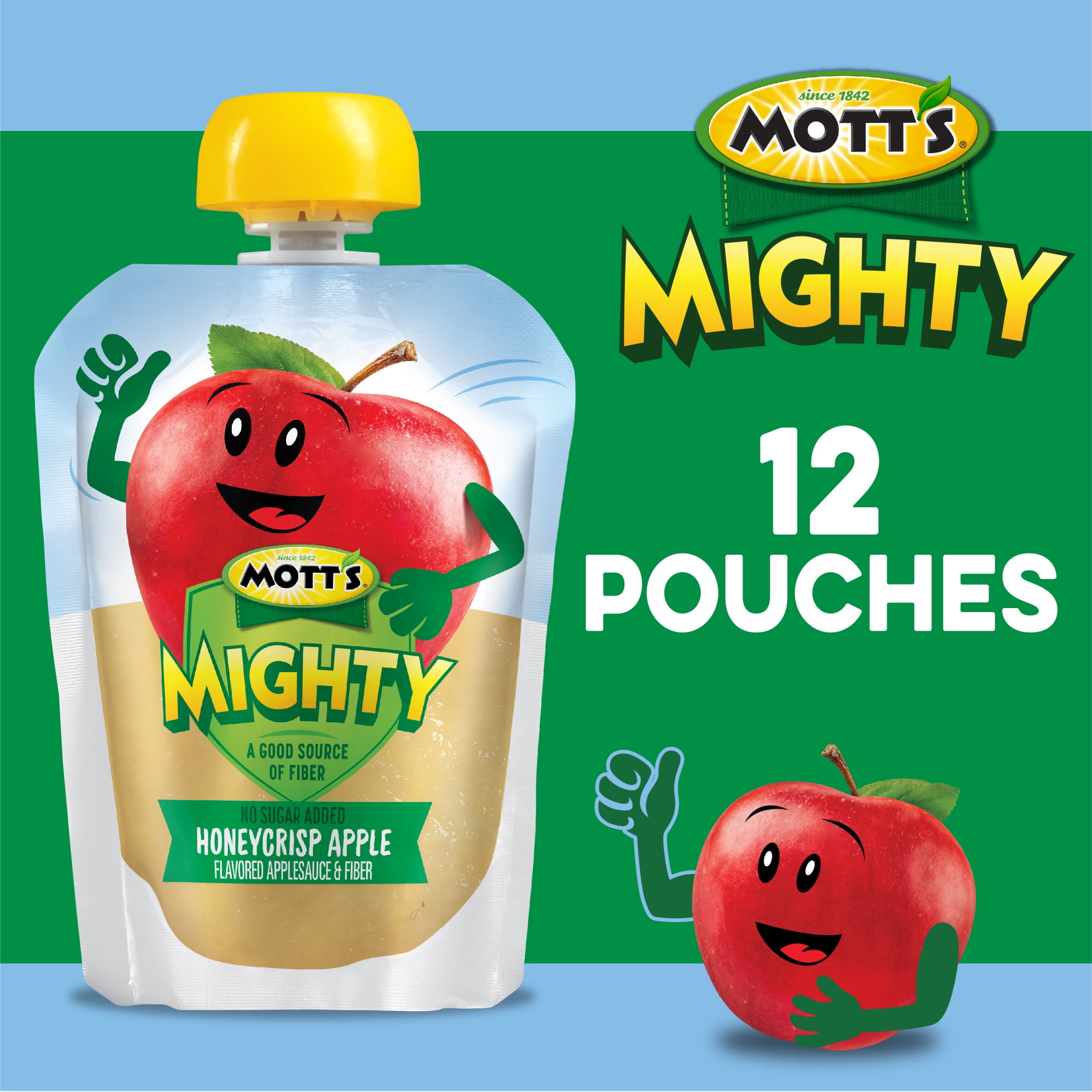 Mott's Mighty No Sugar Added Honeycrisp Applesauce, 3.2 oz, 12 Count Clear Pouches