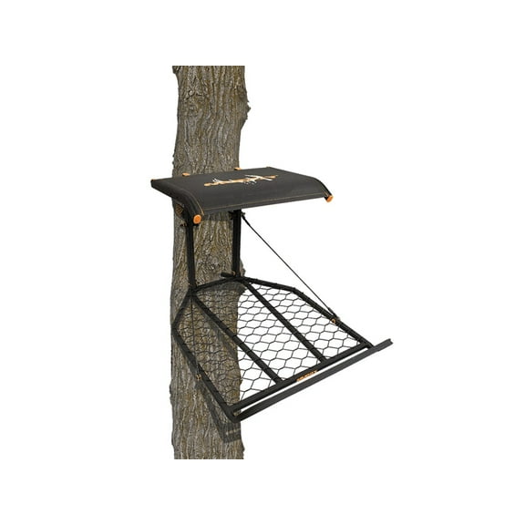 MUDDY Boss XL Hang-on, Durable Weather-Resistant Outdoor Hunting Tree Stand, Wide Stance Platform with Fixed Footrest & Flip-Back Flex-Tek Seat, 300 Pound Maximum Capacity
