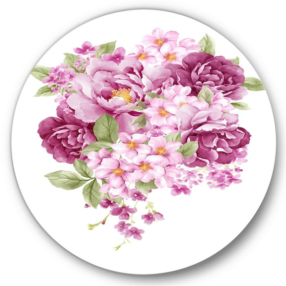 Designart 'Bouquet Of Pink Retro Flowers' Traditional Circle Metal Wall Art 36x36 - Disc of 36