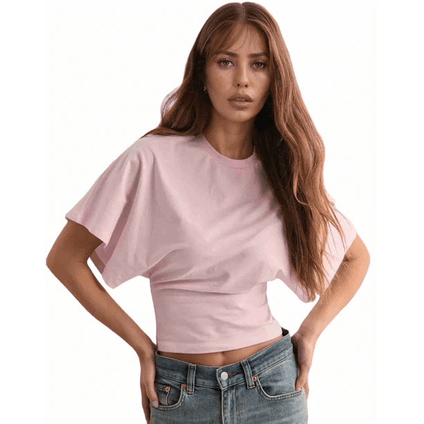 Camisetas para Mujer, Cuello Redondo, Cintura Ajustada, Informal, Corta, para Entrenamiento, Color Liso, Básicas, Rosa, Talla 5XL