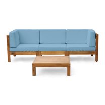 GDF Studio Keith Outdoor Acacia Wood Sofa and Coffee Table Set, Blue