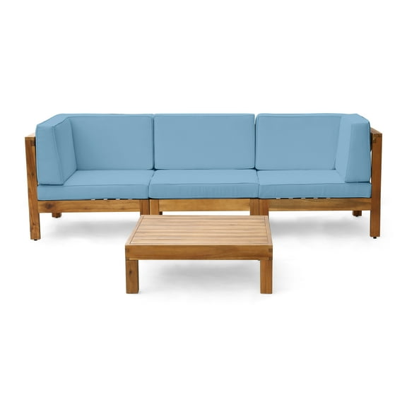 GDF Studio Keith Outdoor Acacia Wood Sofa and Coffee Table Set, Blue
