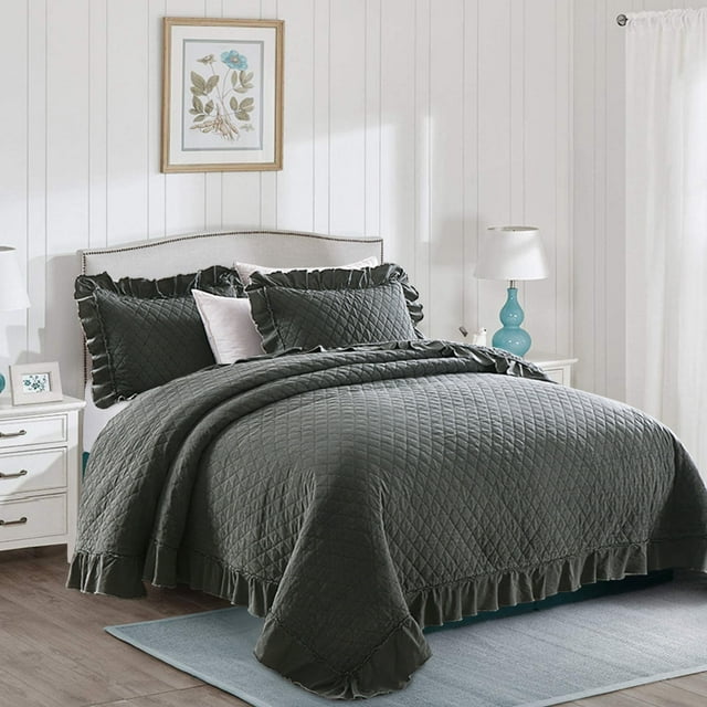 JML 3 Piece Quilt Set Queen Size,Ruffle Stone Washed Microfiber Bedspread Coverlet With 2 Shams