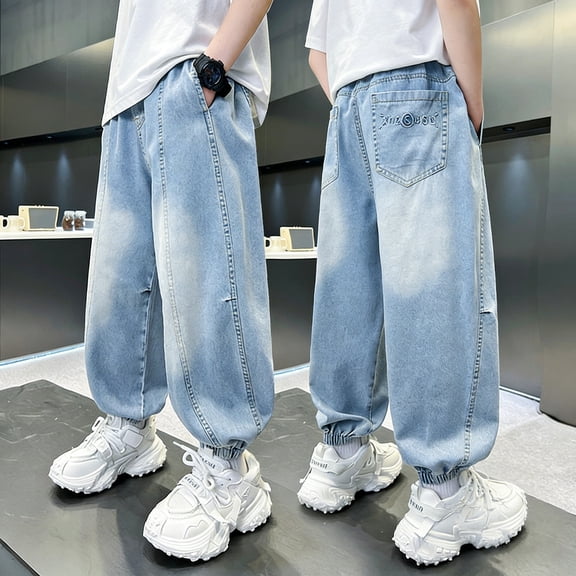 ZHOGXU Big Kids Boys Denim Pants Elastic Waist Straight Leg Comfortable Stretch Trousers With Pockets For Casual Daily Wear,Sky Blue,5-6 Years