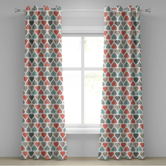 Ambesonne Valentines Grommet Curtain, Retro Hearts Pattern, 50" x 96", Teal Coral White