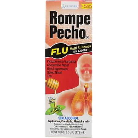 Rompe Pecho FLU Multi-Symptom Relief Syrup, Sugar Free, Dextromethorphan HBr & Antihistamine, Honey Flavor, Alcohol-Free, 6 fl oz