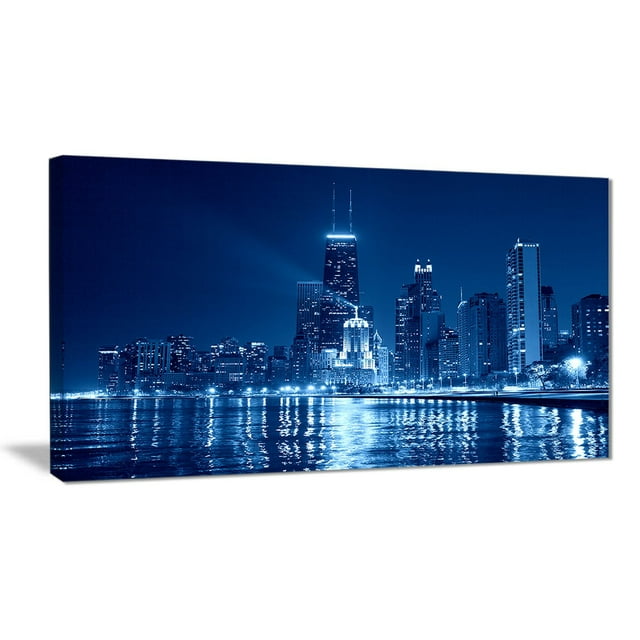 Design Art Blue Chicago Skyline Night Cityscape Photo Canvas Art Print