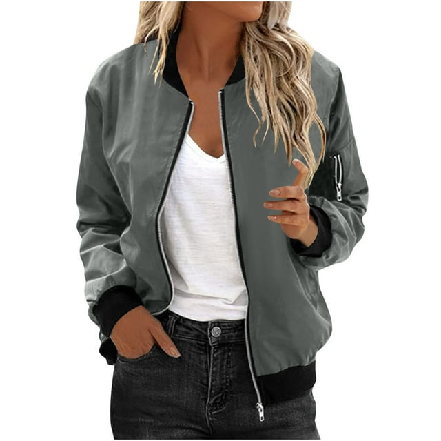 Veste Mode pour Femmes Décontractée à Col Montant, à Fermeture Éclair, Manteau Léger d'Automne, Vestes à Blocs de Couleur avec Poches, Gris m
