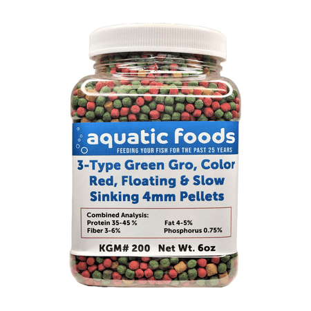 3-Type Blend of 4mm Floating Green GRO & Color Red Floating Pellets & 40% Protein Slow Sinking 4mm Pellets for ALL Tropicals & Pond Fish. KGM-200...6oz Small Jar