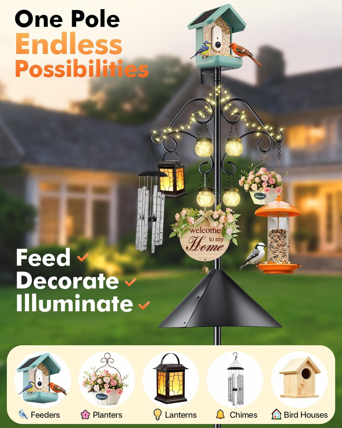 Smart Bird Feeder Pole Stand - 92 Inch Heavy Duty Bird House Pole with Squirrel Proof Baffle Shepherd Hooks for Outdoor - Adjustable Bird Feeding Station for Hanging Feeders Plants Wind Chimes
