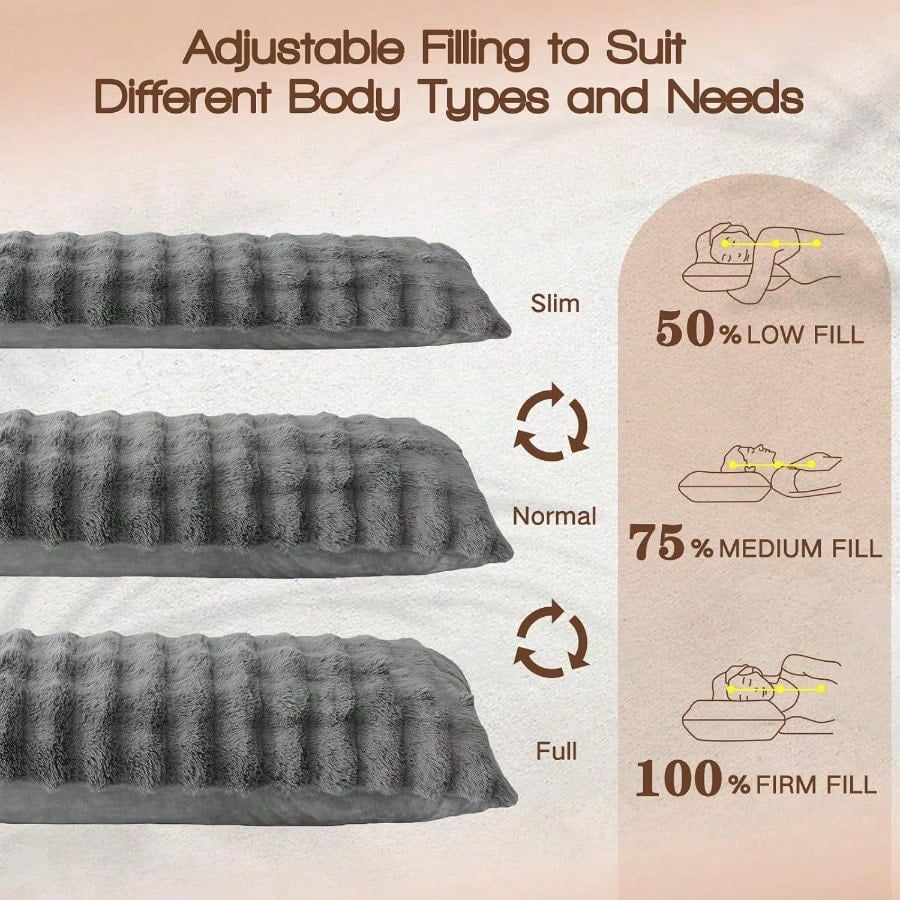 Faux Fur Fluffy Body Pillow for Adults - Firm Body Pillow Insert with Shredded Blue Memory Foam Adjustable Height Soft port for Side Sleepers Pregnant Women Washable 20x54 Inch Grey