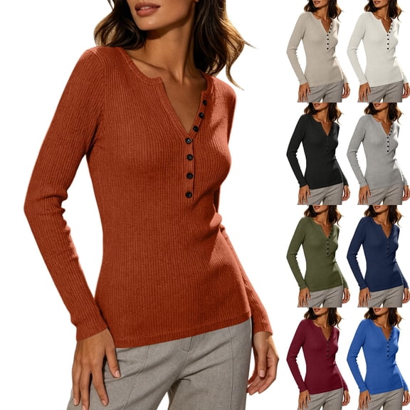 Womens Slim Knitted Tops Long Sleeve Button Up V Neck Sweaters for Women Ribbed Tight Pullover Fall Winter Top