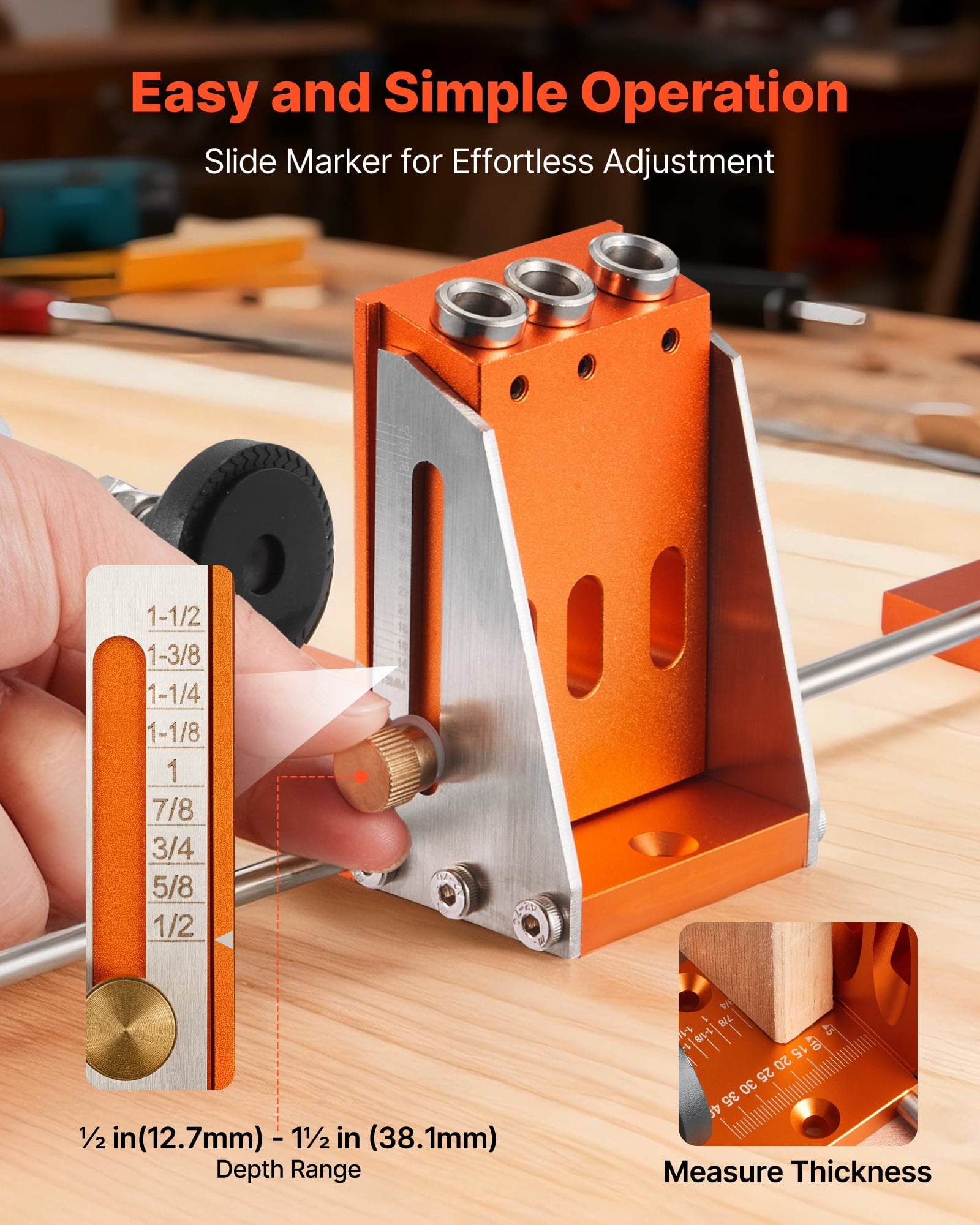 VEVOR Pocket Hole Jig Kit, 1/2 to 1-1/2 in Adjustable,Jig Pocket Hole System with Toolcase, C-Clamp, Step Drill, Hex Wrench, Drill Stop Ring, Square Drive Bit, Reinforced Metal Frame, for Woodworking