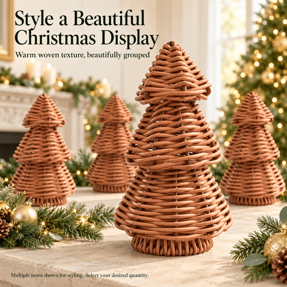 Handwoven Rattan Christmas Tree Decoration, Imitation Wicker Tabletop Ornament for Mantel Shelf Console Centerpiece, Rustic Festive Yard Party Office Seasonal Decor, Seasonal Home Accent