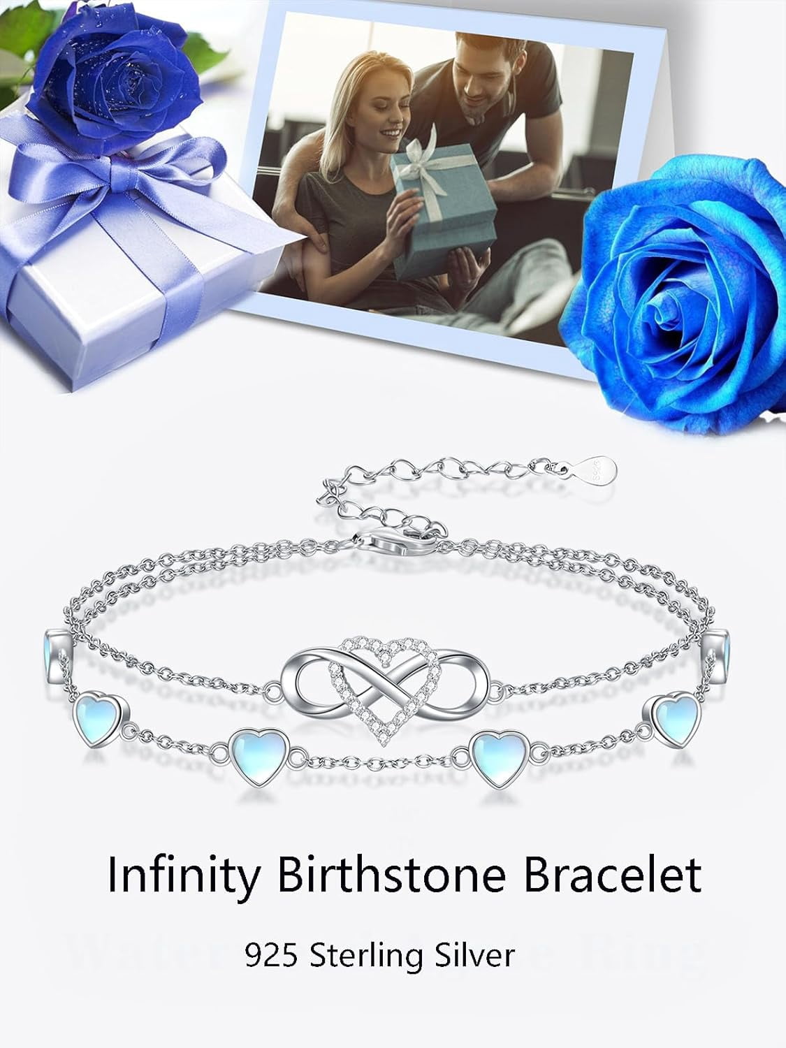Infinity Moonstone Anklet 925 Sterling Silver Double Strand Heart Moonstone Anklet Birthday Jewelry Gift for Wife Women Mother,Chain Length 9"+2" Extend