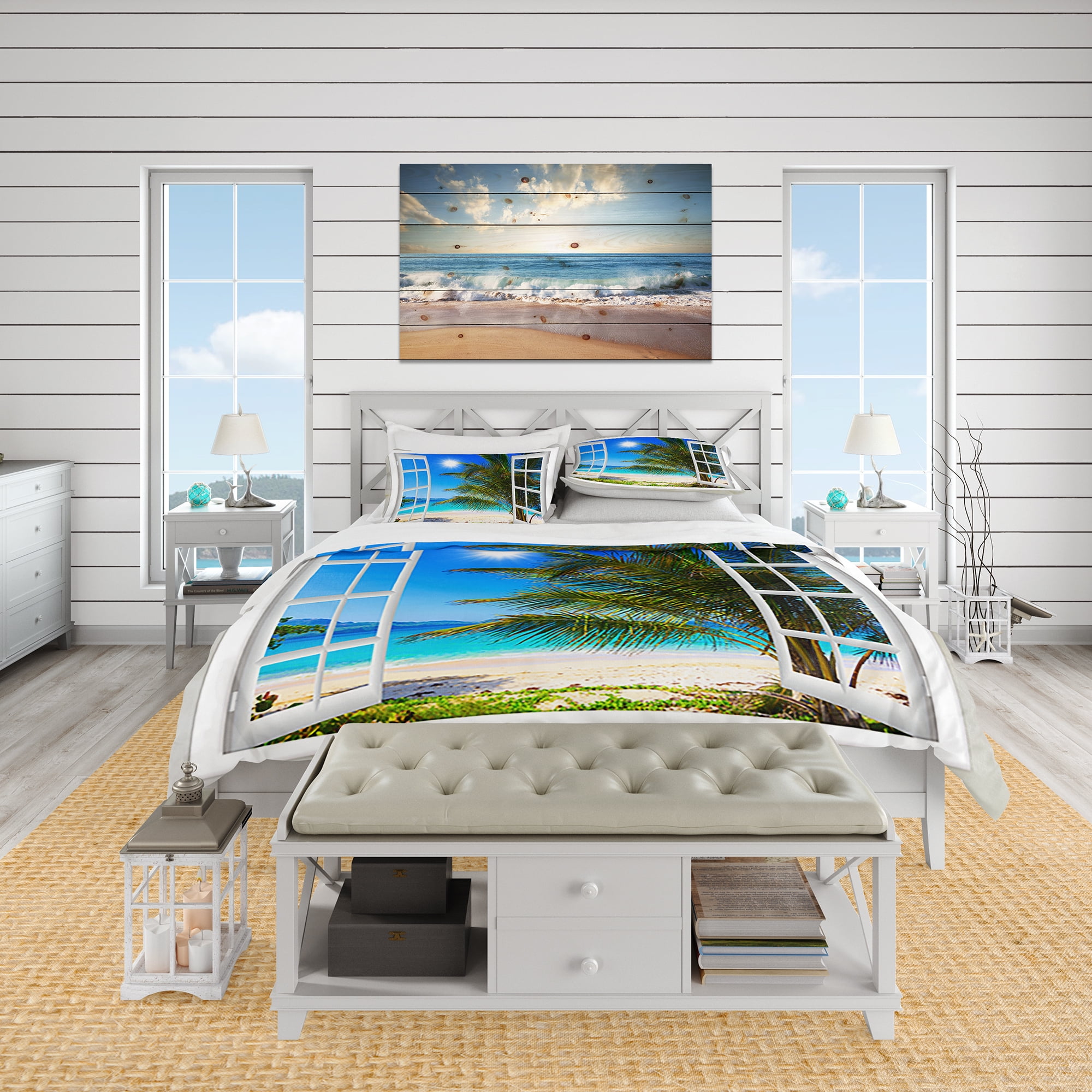 Designart 'Window Open To Beach with Palm' Coastal Duvet Cover Set