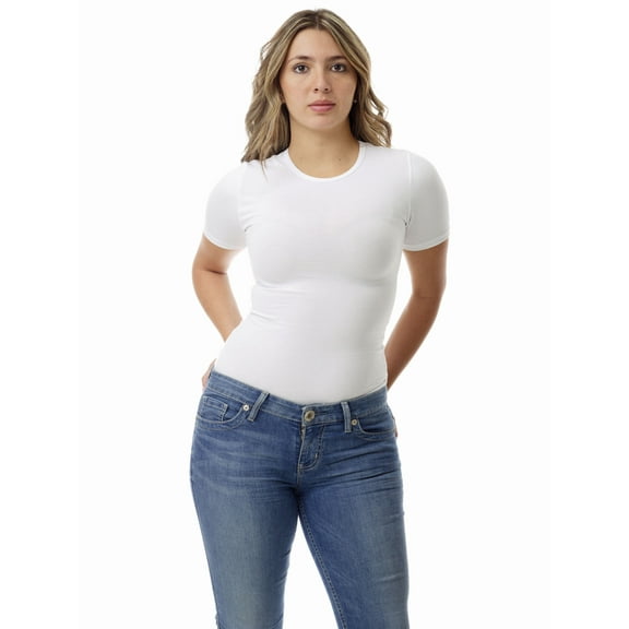 Underworks Womens Ultra Light Cotton Spandex Compression Crew Neck T-shirt - White 3XL