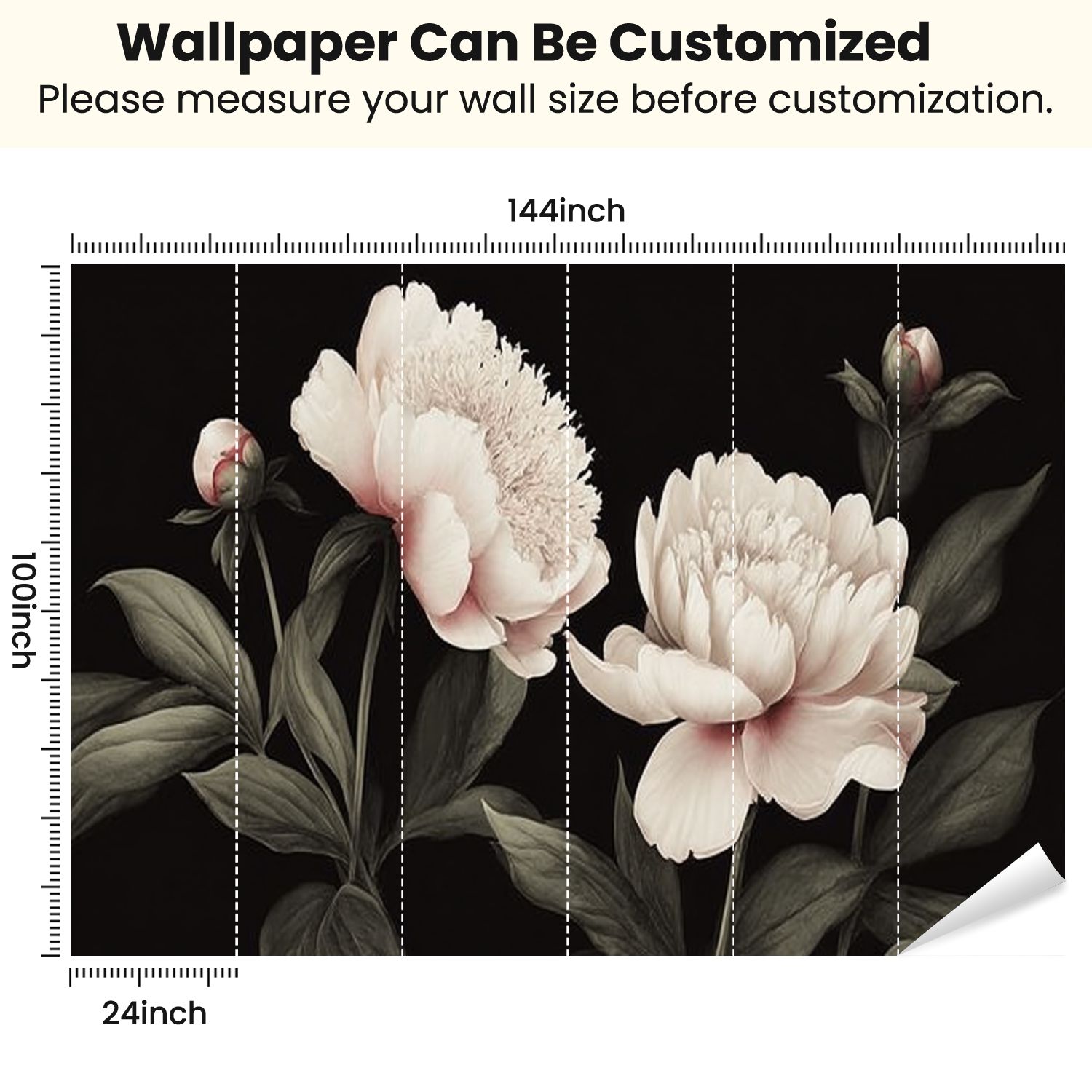 Peel and Stick Wallpaper Black Vintage Dark Contact Floral Peonies Buds Leaves Stems Petals Modern Art Wall Mural Decor Self Adhesive and Removable 100in x 144in