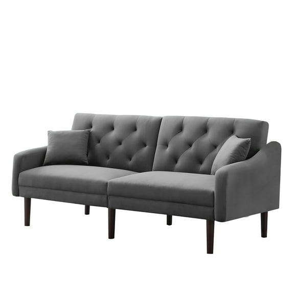 Velvet Sofa Bed Futon Couch, Modern Convertible Folding Futon Sofa Bed with Rubber Wood Legs, 2 Pillows, Mid Century Sofa Recliner Couch Living Room Furniture for Small Space, Dark Gray, Q17888