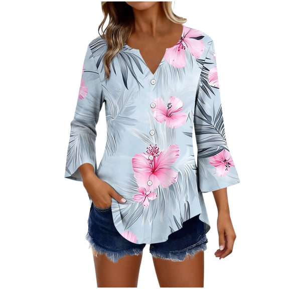 MORESEC Women's Floral Boho Blouse V Neck 3/4 Sleeve Button Down Casual Tops Cute Summer T-Shirts Vacation Fashion Clothes, Light Blue S