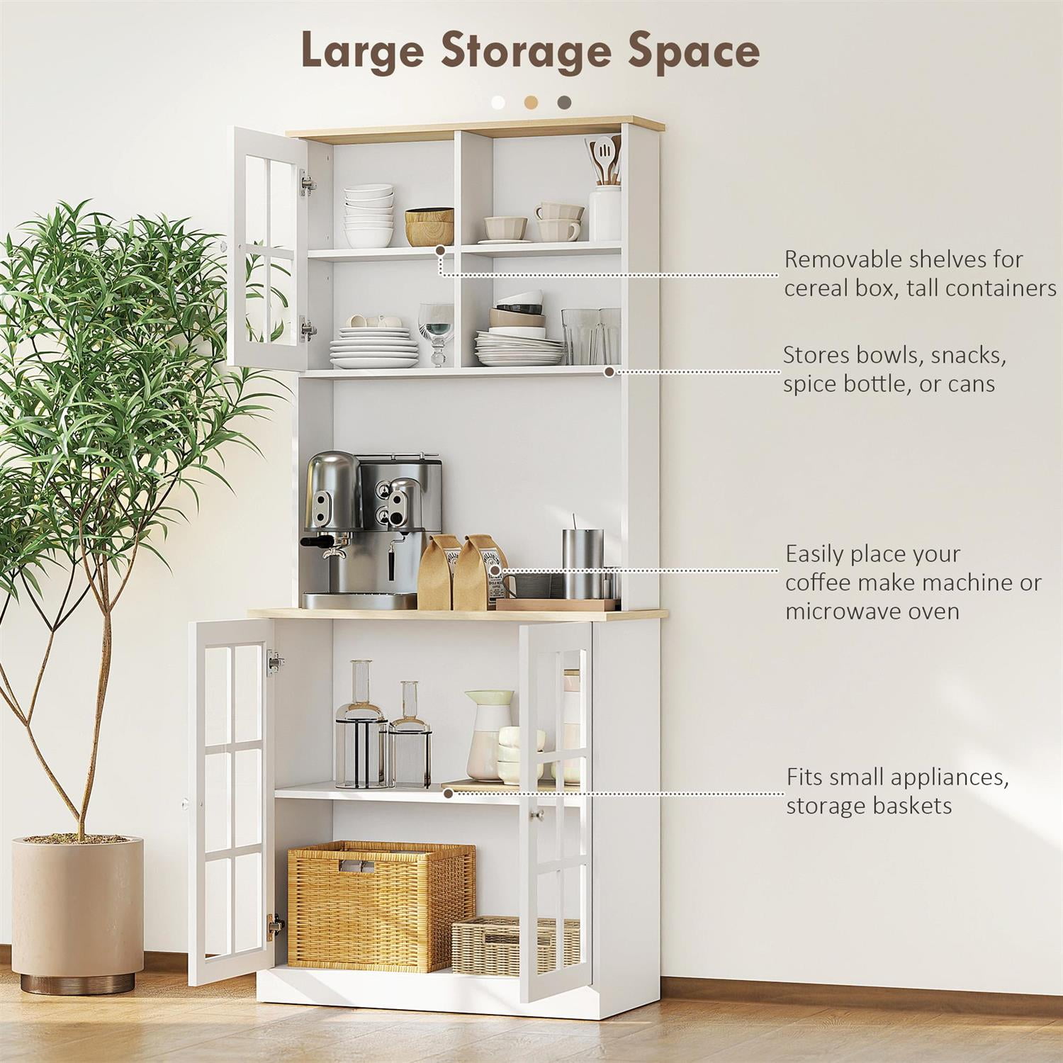 Demi Bonn 72" Kitchen Pantry Cabinet, Freestanding Storage Cabinet with Hutch, Large Countertop, Glass Doors and Adjustable Shelves for Dining Room, White