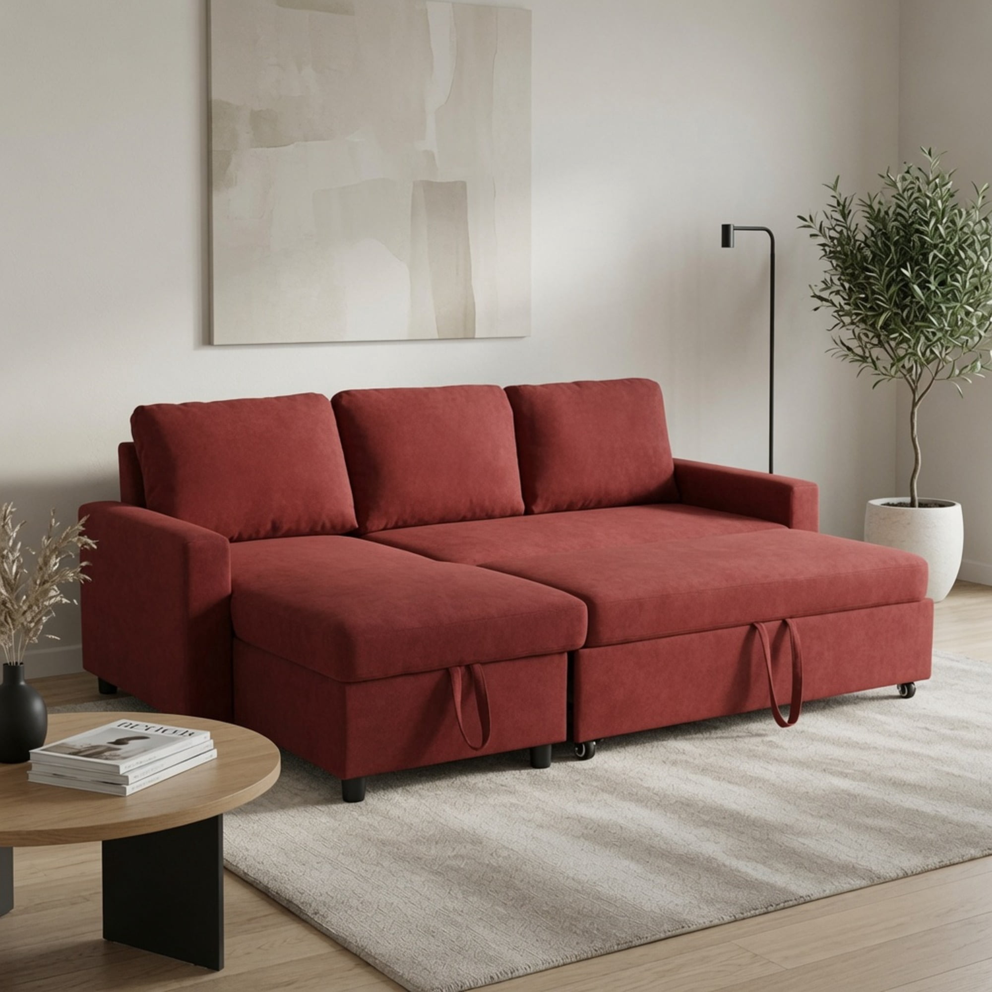 TiramisuBest L-Shaped Convertible Sofa Bed with Reversible & Storage Chaise,84"W Fluffy Flannel Sectional Sleeper for Living Room,Red