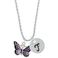 thumbnail image 1 of Delight Jewelry Silvertone Large Purple Butterfly with 6 AB Crystals Silvertone Script Initial Disc - F - Charm Necklace, 20"+3", 1 of 4