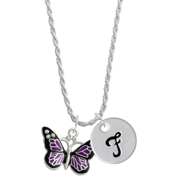 Delight Jewelry Silvertone Large Purple Butterfly with 6 AB Crystals Silvertone Script Initial Disc - F - Charm Necklace, 20"+3"