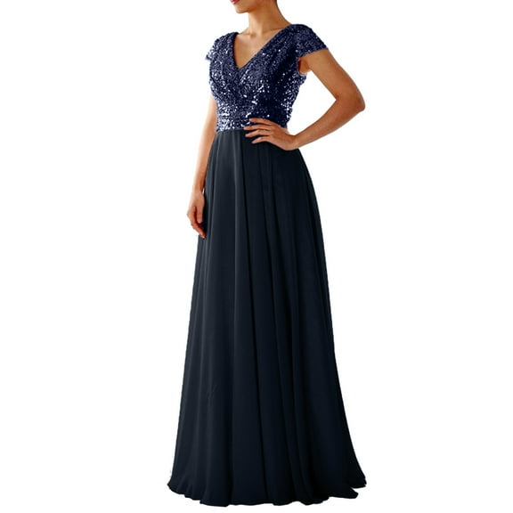 Baqcunre Women's V Neck Sequined Chiffon Panel Evening Gown Long Dress Elegant Party Bridesmaid Dresses Maxi Dress for Women Womens Dresses formal Dress New Years Eve Dress,Dark blue,Size L