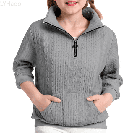 LYHaoo Girls Floral Jacquard Pullover Hooded Sweatshirt Casual Zip Up Jacket For Teen Youth Zip-Up Hoodie Sweatshirt Sizes 5-6 Years(Gray)