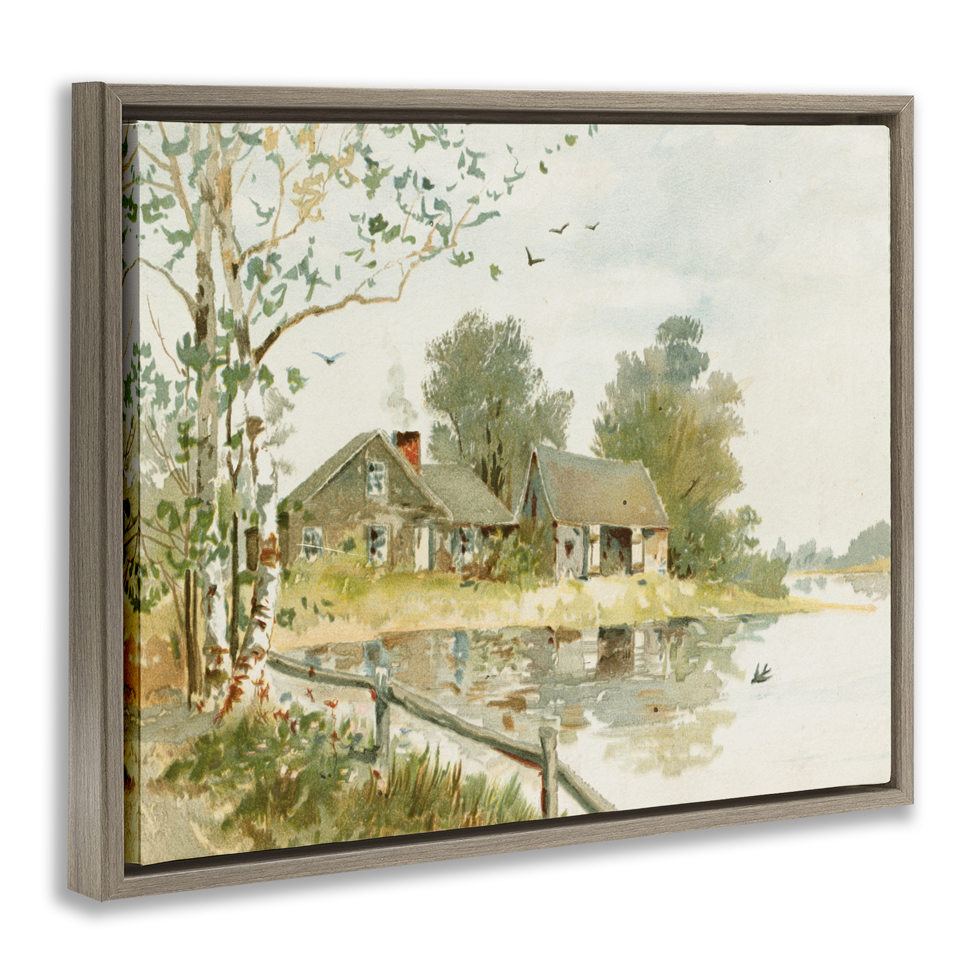 Cabin Along River's Edge Brown Framed Floater Canvas Wall Art, design by Lettered and Lined