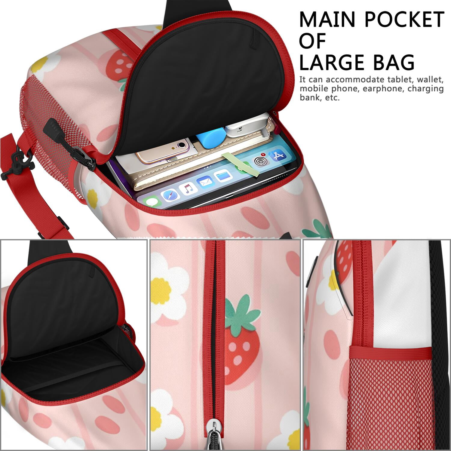 Chest Bag Crossbody Shoulder Bag Adjustable Shoulder StrapCrossbody Sling Bag for Men Women Travelers Strawberry
